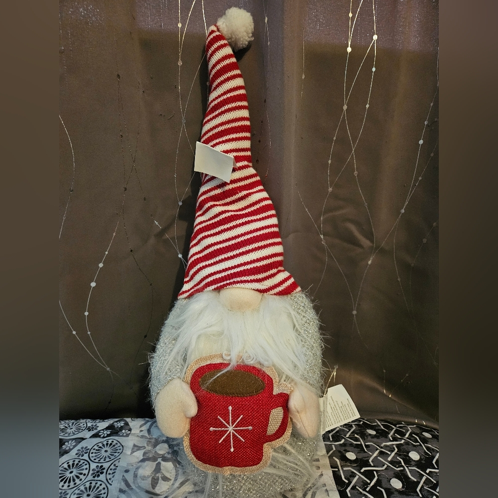 Christmas GNOME holding Coffee Red & White Stripe Hat